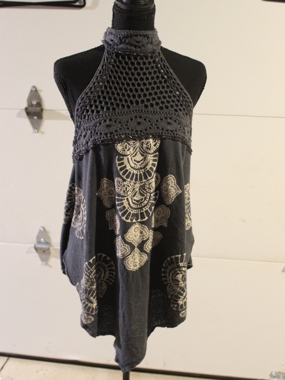Free People Charcoal Crochet Halter Camisole with Cream Mandala Print